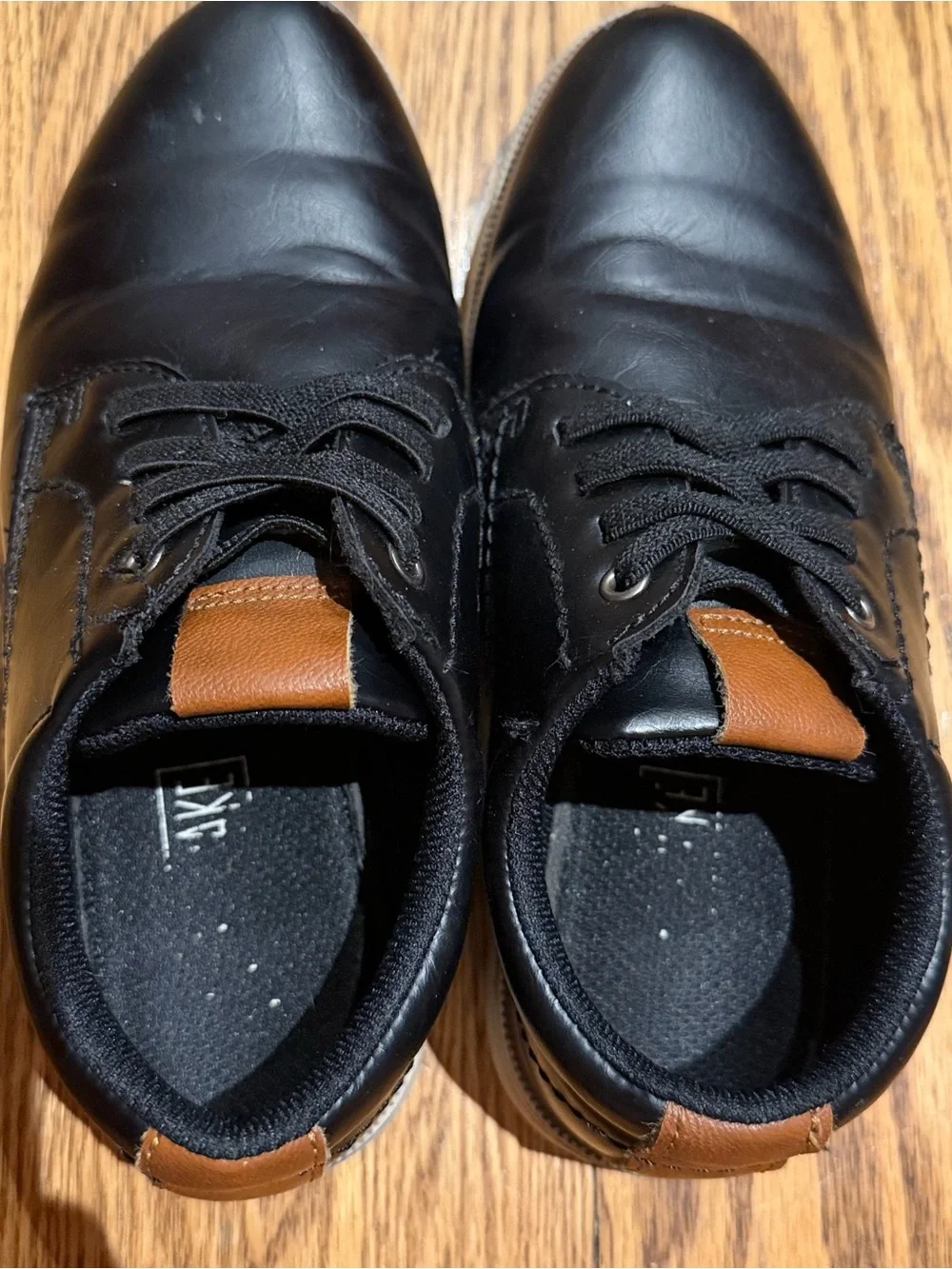 Boys Black Leather Laced Slip On Dress Shoes with Tan Accent size 1M